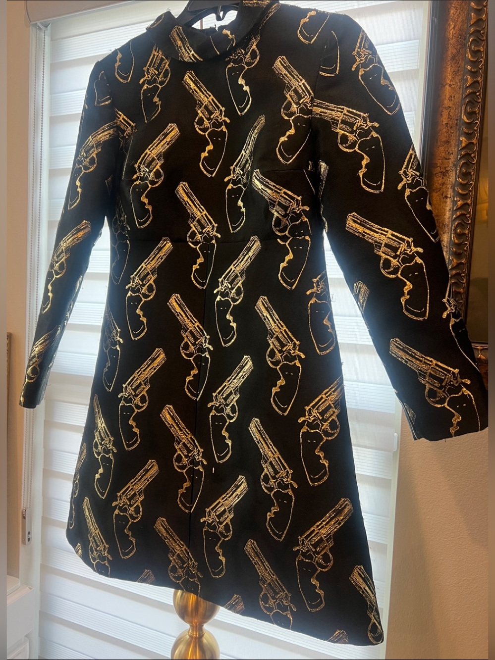 SAINT LAURENT A/W 2014 Black & Metallic Gold Gun Print Mini Shift Dress.